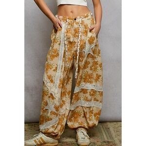 POL Floral Star Patch‎ Jogger Pants Boho Lounge Drawstring Cream Orange MEDIUM